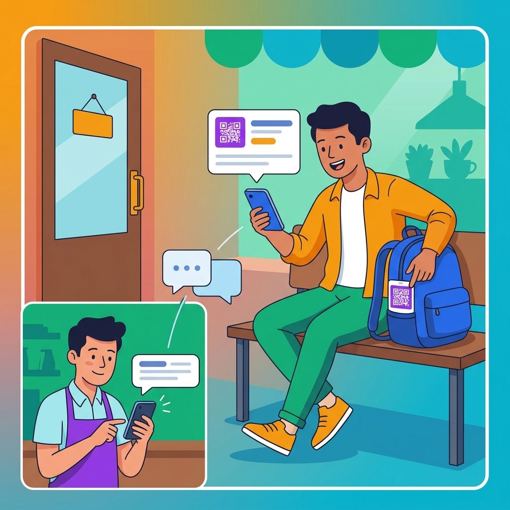 Illustration: Ein Finder kontaktiert den Besitzer eines Rucksacks über dessen QR-Etikett