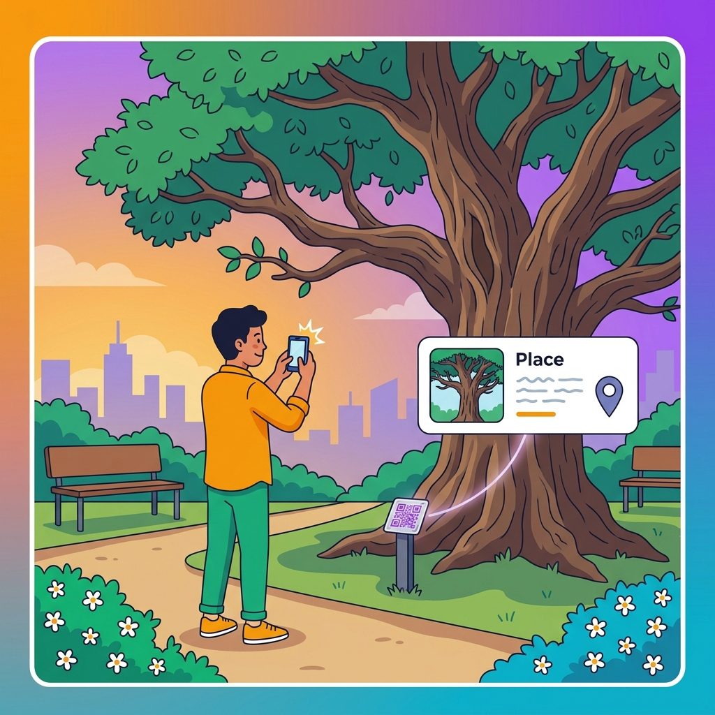 Illustration: Eine Person fotografiert einen besonderen Baum und ergänzt seine digitale Ortsseite